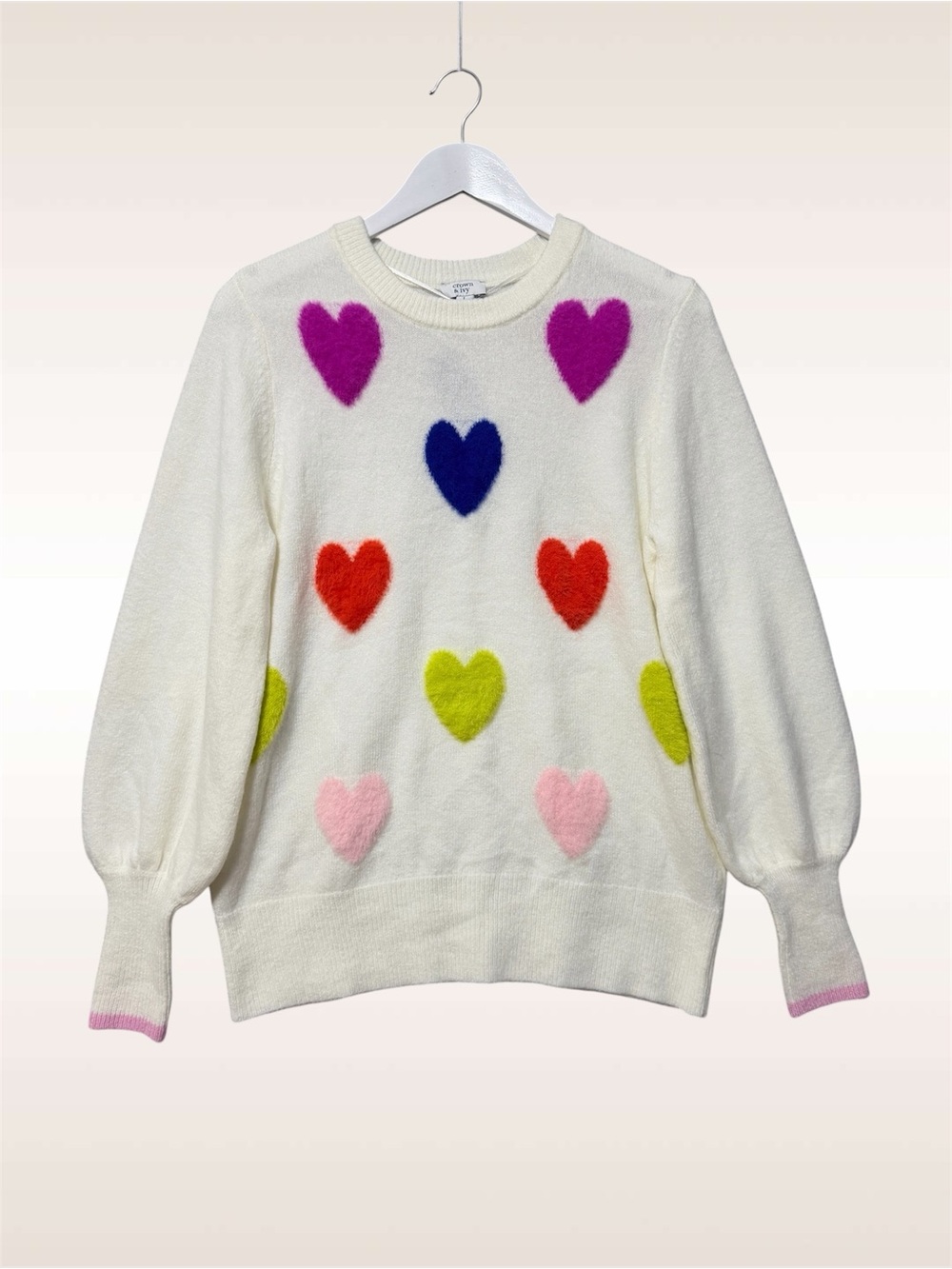 Crown and Ivy Pullover Crew Neck Sweater NWT Size Large Cream Colorful Hearts